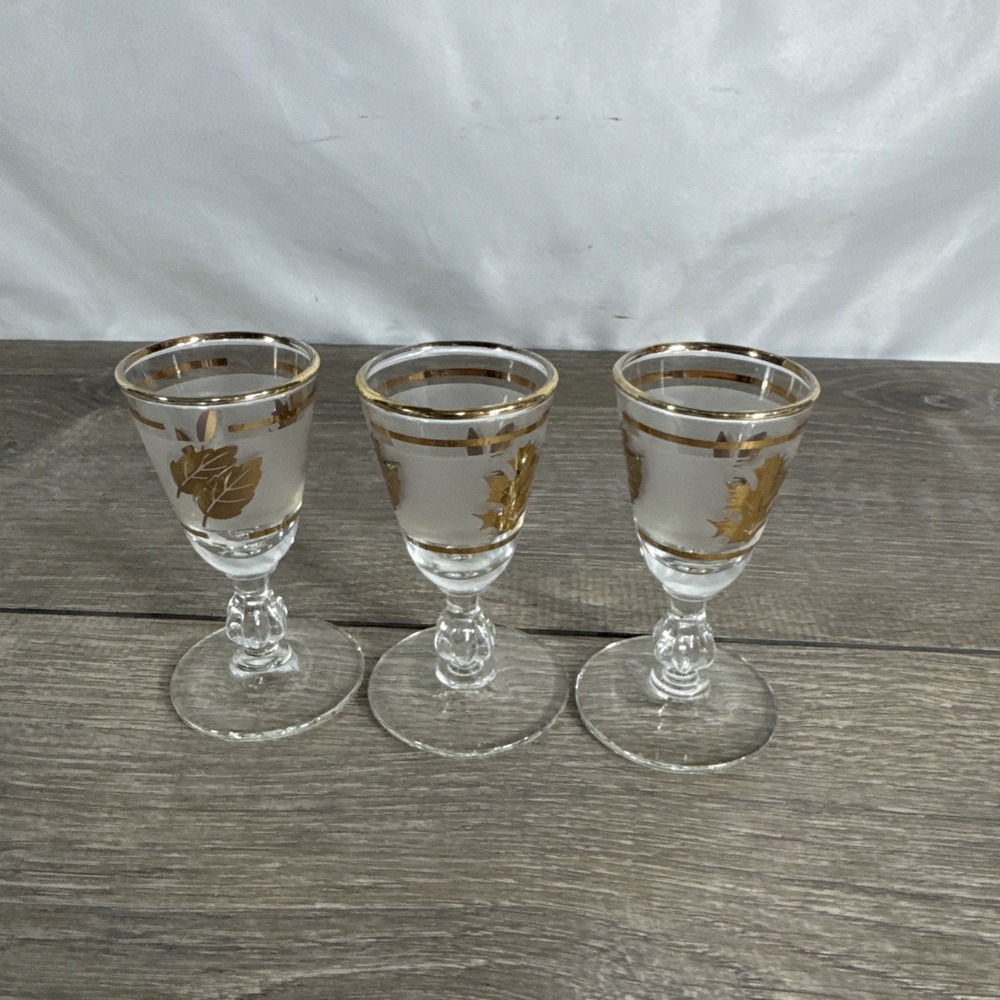 VTG Set of 3 Gold Leaf Libby Frosted Stemmed Cordial Shot Glasses 3.5 x 1.5